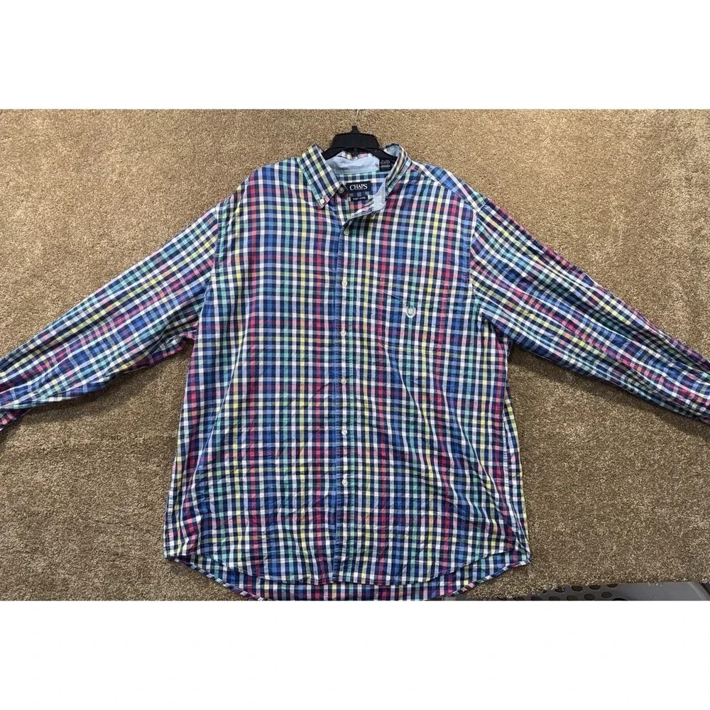 Chaps Easy Care Button Down Shirt Mens 2XLT Multicolor Plaid Long Sleeve Preppy
